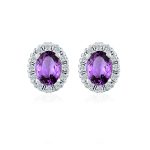 Cluster Oval Amethyst Silver Studs with Cubic Zirconia