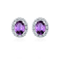 Cluster Oval Amethyst Silver Studs with Cubic Zirconia