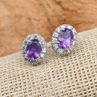 Cluster Oval Amethyst Silver Studs with Cubic Zirconia - Image 3