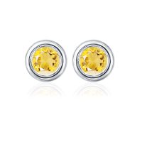 Silver Studs(plain) with 5mm Round Citrine Gemstone in Band Setting