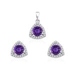Triangular Shaped Cluster Silver Pendant Set with 6mm Round Amethyst Gemstone & small round Cubic Zirconia