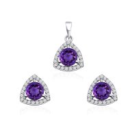 Triangular Shaped Cluster Silver Pendant Set with 6mm Round Amethyst Gemstone & small round Cubic Zirconia