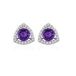 Triangular Shaped Cluster Silver Studs with 6mm Round Amethyst Gemstone & small round Cubic Zirconia