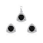 Triangular Shaped Cluster Silver Pendant Set with 6mm Round Black Onyx Gemstone & small round Cubic Zirconia