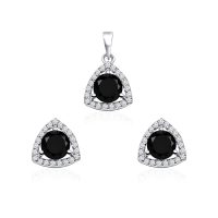 Triangular Shaped Cluster Silver Pendant Set with 6mm Round Black Onyx Gemstone & small round Cubic Zirconia