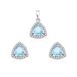 Triangular Shaped Cluster Silver Pendant Set with 6mm Round Blue Topaz Gemstone & small round Cubic Zirconia