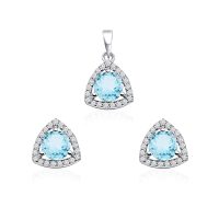 Triangular Shaped Cluster Silver Pendant Set with 6mm Round Blue Topaz Gemstone & small round Cubic Zirconia