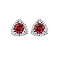 Triangular Shaped Cluster Silver Studs with 6mm Round Garnet Gemstone & small round Cubic Zirconia