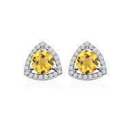 Triangular Shaped Cluster Silver Studs with 6mm Round Golden Topaz Gemstone & small round Cubic Zirconia