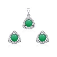 Triangular Shaped Cluster Silver Pendant Set with 6mm Round Green Onyx Gemstone & small round Cubic Zirconia