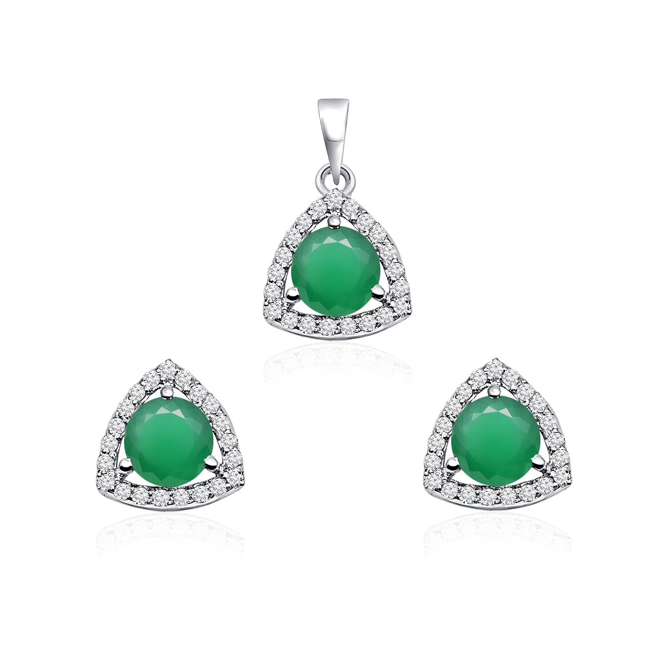 Cluster triangle shaped 6mm round green onyx gemstone pendant set Triangular Shaped Cluster Silver Pendant Set with 6mm Round Green Onyx Gemstone & small round Cubic Zirconia - Image 1