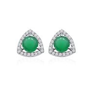Triangular Shaped Cluster Silver Studs with 6mm Round Green Onyx Gemstone & small round Cubic Zirconia