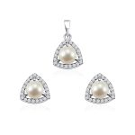 Triangular Shaped Cluster Silver Pendant Set with 6mm Round Pearl Gemstone & small round Cubic Zirconia