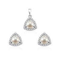 Triangular Shaped Cluster Silver Pendant Set with 6mm Round Pearl Gemstone & small round Cubic Zirconia