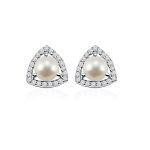 Triangular Shaped Cluster Silver Studs with 6mm Round Pearl Gemstone & small round Cubic Zirconia