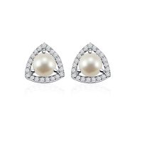 Triangular Shaped Cluster Silver Studs with 6mm Round Pearl Gemstone & small round Cubic Zirconia