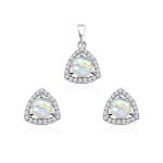 Triangular Shaped Cluster Silver Pendant Set with 6mm Round Rainbow Moonstone Gemstone & small round Cubic Zirconia