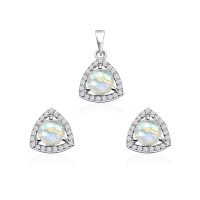 Triangular Shaped Cluster Silver Pendant Set with 6mm Round Rainbow Moonstone Gemstone & small round Cubic Zirconia