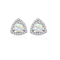 Triangular Shaped Cluster Silver Studs with 6mm Round Rainbow Moonstone Gemstone & small round Cubic Zirconia