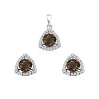 Triangular Shaped Cluster Silver Pendant Set with 6mm Round Smoky Topaz Gemstone & small round Cubic Zirconia