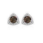 Triangular Shaped Cluster Silver Studs with 6mm Round Smoky Topaz Gemstone & small round Cubic Zirconia