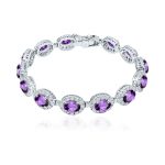 Cluster Silver Bracelet with 5x7mm Oval Amethyst Gemstone and small round Cubic Zirconia