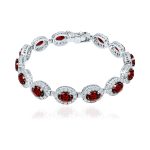 Cluster Silver Bracelet with 5x7mm Oval Garnet Gemstone and small round Cubic Zirconia