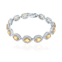 Cluster Silver Bracelet with 5x7mm Oval Golden Topaz Gemstone and small round Cubic Zirconia
