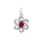 Silver Pendant (Flower shaped) with 6x8mm Oval Garnet Gemstone and small round Cubic Zirconia