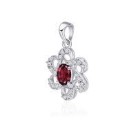 Silver Pendant (Flower shaped) with 6x8mm Oval Garnet Gemstone and small round Cubic Zirconia - Image 2