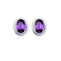 Silver Studs(plain) with 5x7mm Oval Amethyst Gemstone in Band Setting