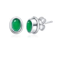 Silver Studs(plain) with 5x7mm Oval Green Onyx Gemstone in Band Setting - Image 2