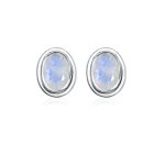 Silver Studs(plain) with 5x7mm Oval Rainbow Moonstone Gemstone in Band Setting