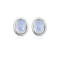 Silver Studs(plain) with 5x7mm Oval Rainbow Moonstone Gemstone in Band Setting