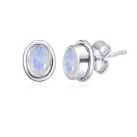 Silver Studs(plain) with 5x7mm Oval Rainbow Moonstone Gemstone in Band Setting - Image 2