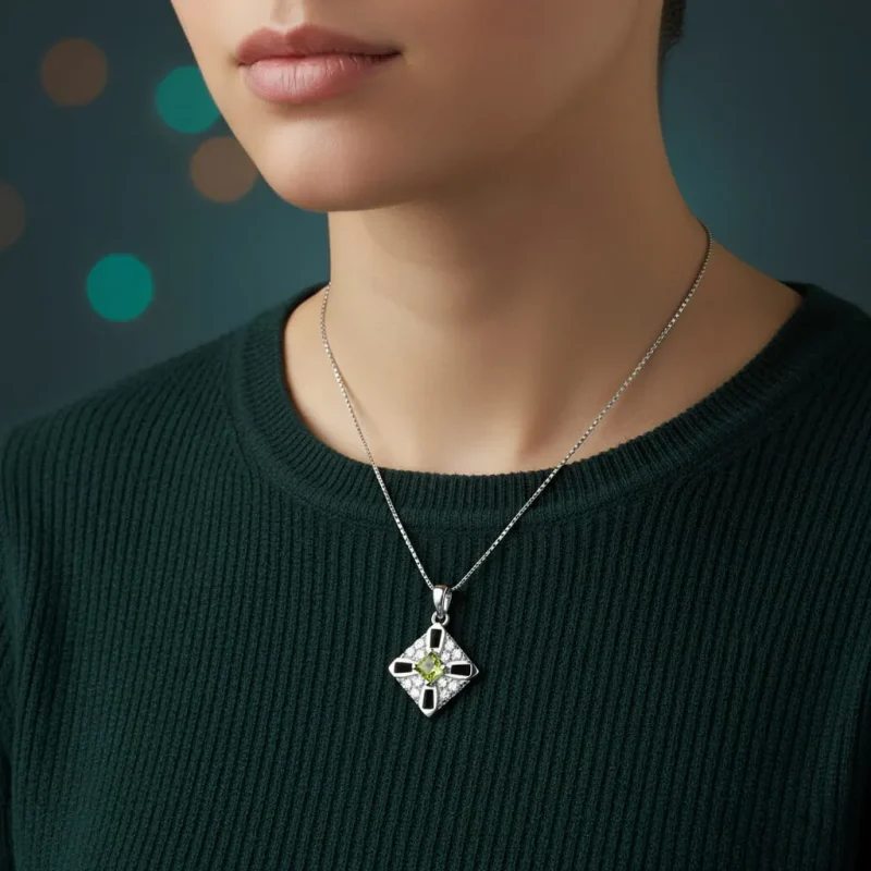 model wearing fancy square shaped rainbow peridot silver pendant with cubic zirconia