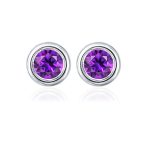 Silver Studs(plain) with 5mm Round Amethyst Gemstone in Band Setting