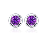Silver Studs(plain) with 5mm Round Amethyst Gemstone in Band Setting