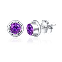 Silver Studs(plain) with 5mm Round Amethyst Gemstone in Band Setting - Image 2