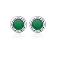 Silver Studs(plain) with 5mm Round Green Onyx Gemstone in Band Setting