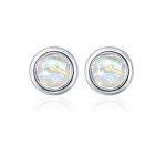 Silver Studs(plain) with 5mm Round Rainbow Moonstone Gemstone in Band Setting