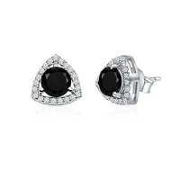 silver studs triangular shaped with 6mm round Black Onyx and cubic zirconia side view