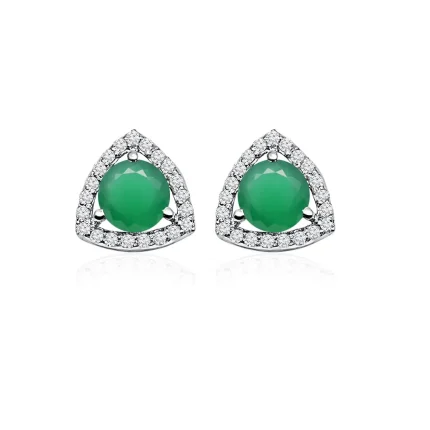 silver studs triangular shaped with 6mm round Green Onyx and cubic zirconia