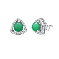 silver studs triangular shaped with 6mm round Green Onyx and cubic zirconia side view