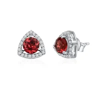 silver studs triangular shaped with 6mm round Garnet and cubic zirconia side view
