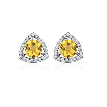 silver studs triangular shaped with 6mm round Citrine and cubic zirconia