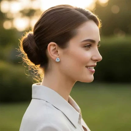 model wearing silver studs triangular shaped with 6mm round Blue Topaz and cubic zirconia