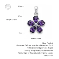 details of the flower shaped amethyst silver pendant
