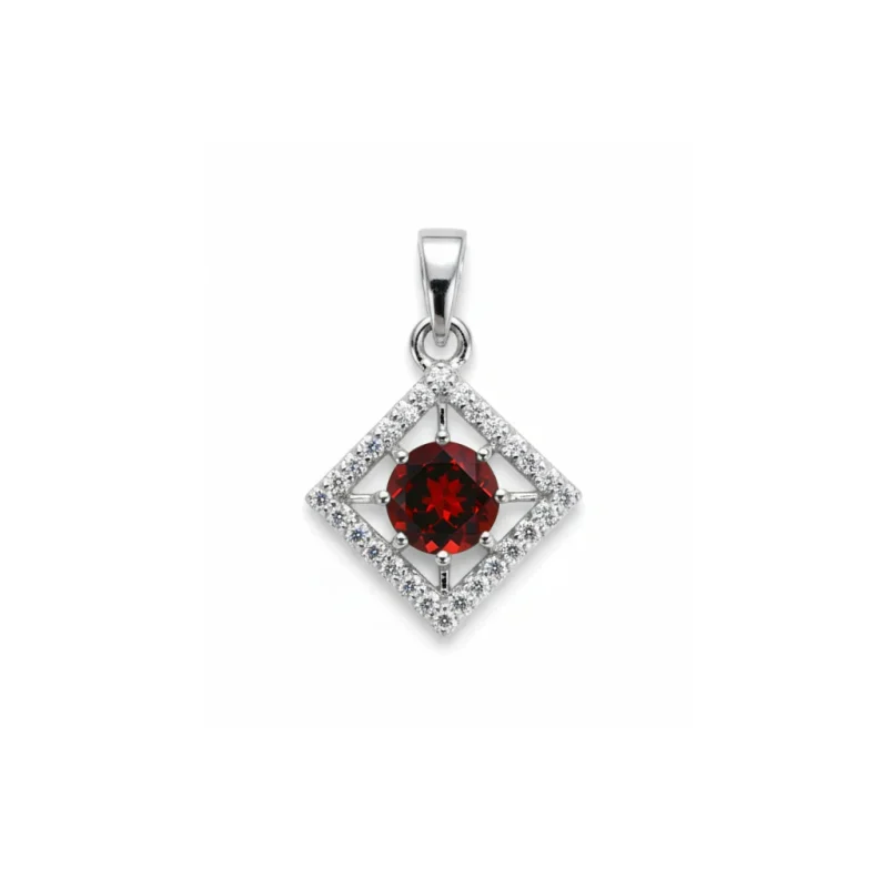 square shaped silver pendant with garnet & cubic zirconia