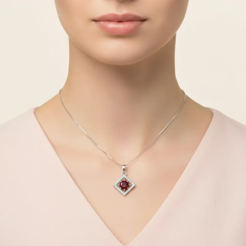 model wearing beautiful square shaped silver pendant with garnet and cubic zirconia